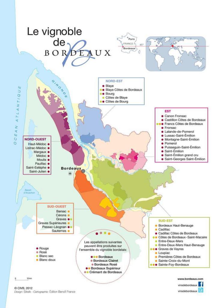 Carte présentant les différentes AOC de la région de Bordeaux