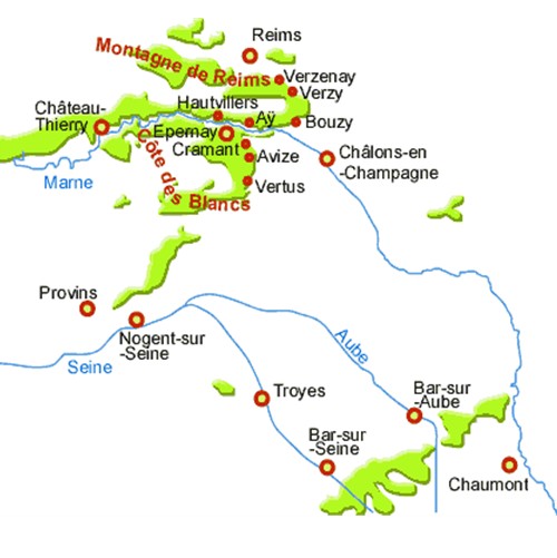 carte présentant les zone possédant l'AOC Champagne