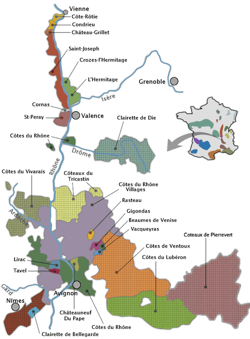 Carte détaillant les différentes appellations dans la vallée du Rhône